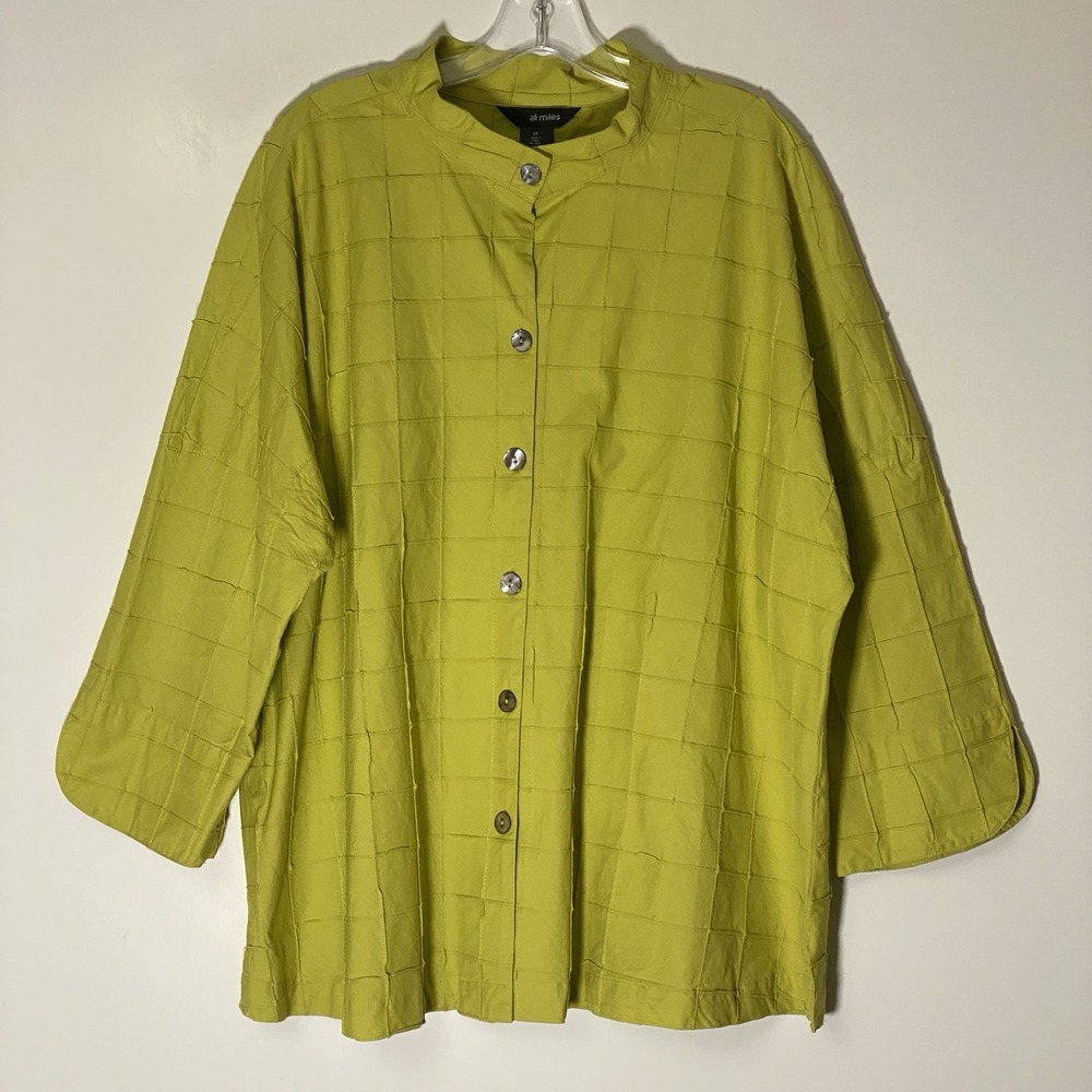 Ali Miles Top Womens 2X Green Pucker Square Textured Lagenlook Wearable Art Plus